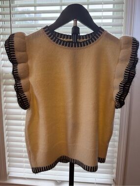 Lumiere Cream Sweater with Black Trim and Ruffled Sleeves Size M